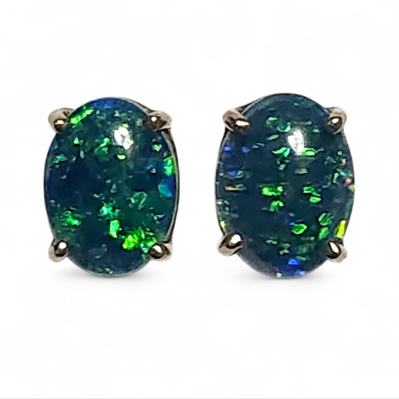 Opal Gold Stud Oval Solitaire Earrings Cabochon 8x6 mm - Picture 3 of 14